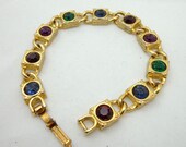 Vintage Bezel Bracelet Signed USA Rhinestone Gold Tone Chain Link Red Green Blue Purple Multi Colored Prom