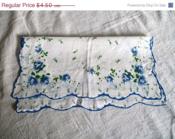 MEMORIAL DAY SALE Vintage Hanky, Flowered Hankie, Blue Roses, Handkerchief