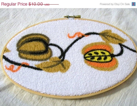 MEMORIAL DAY SALE Kitchen Decor, Fabric Hoop Art, Upcycled, Pumpkins on a Vine