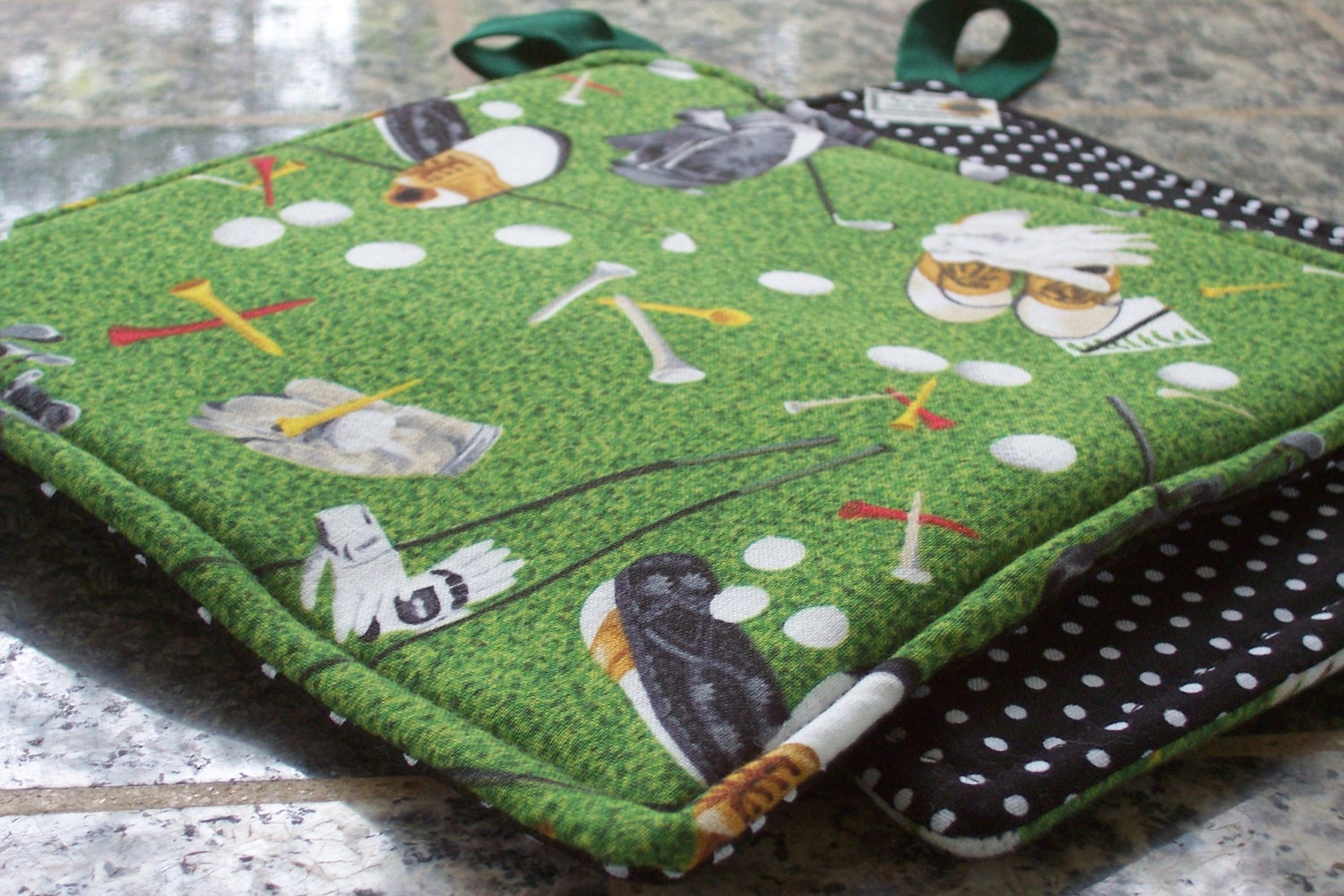 Kitchen Fabric Potholders - Set of 2 - Golf Swing - Green Golf Clubs Tees