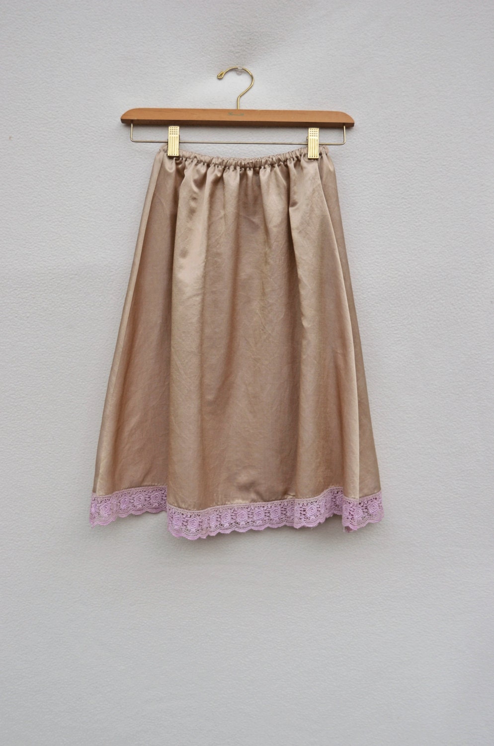 Silk & Cotton Women's Half Slip Antique Gold Tea Dyed with Pale Pink Hand Painted Lace Skirt Extender One of a Kind and Ready to Ship