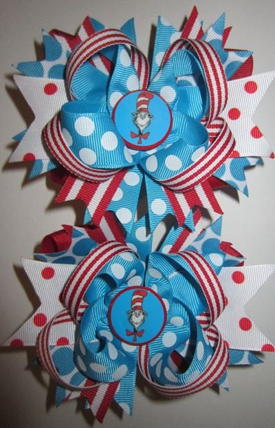 Cat in the Hat Custom Hair Bows for Pigtails Piggies Il_570xn