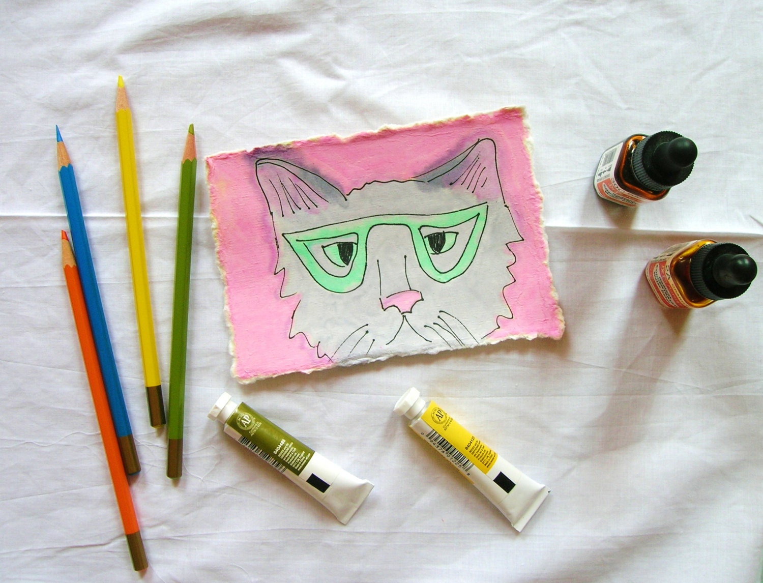 gray cat portrait with green eyes - wearing mint green glasses - original watercolor painting - mini illustration sketch - pink background