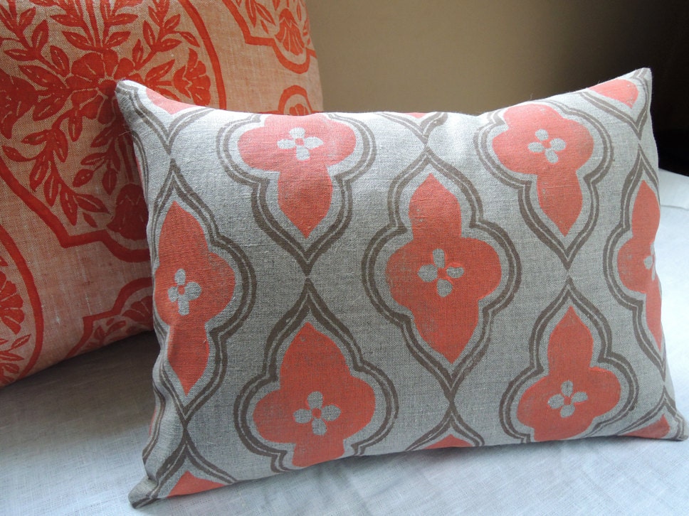 coral and taupe ogee on your choice of color linen lumbar pillow cover