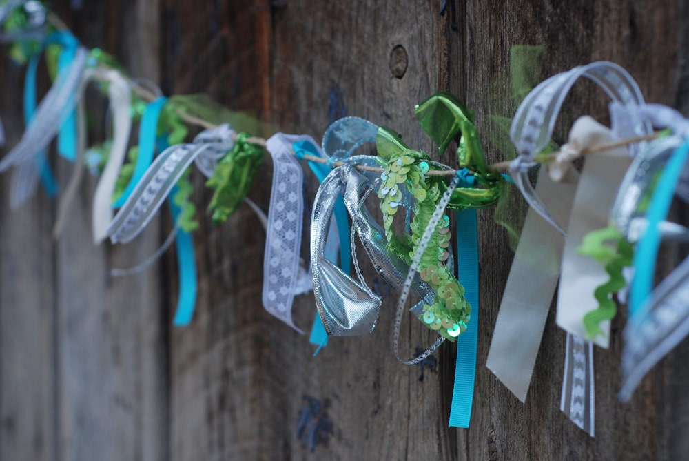 Ready to Ship - Sparkly Spring Lace and Ribbon Bunting Garland - Green, Aqua, Silver - Wedding - Photo Prop - Birthday Party - Bedroom Decor