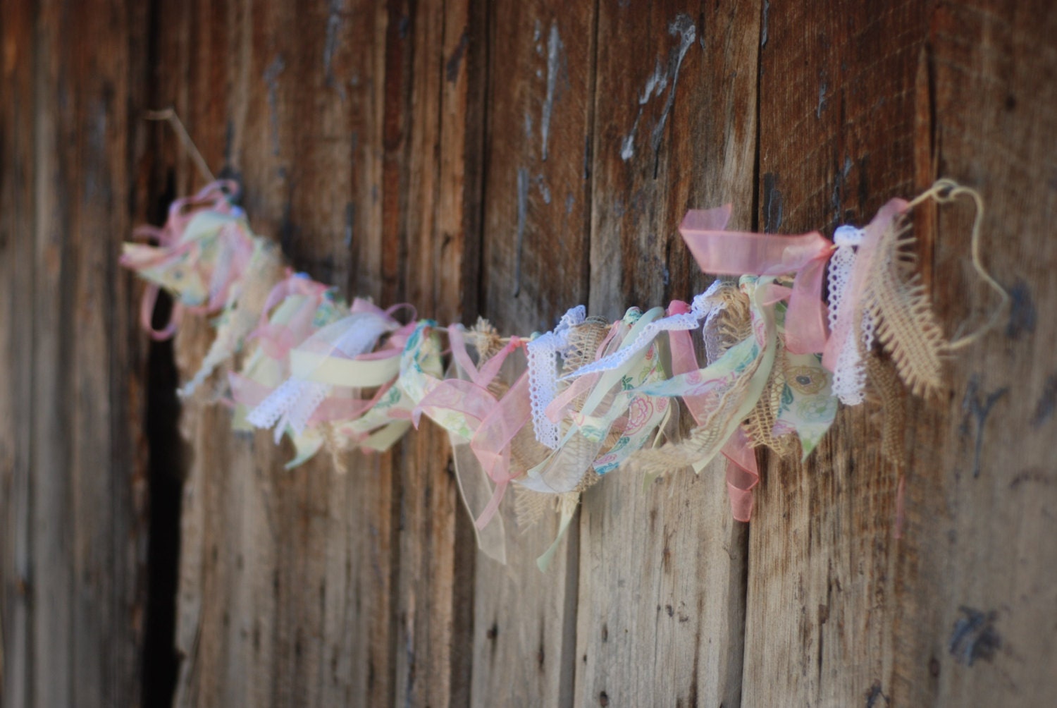 Ready to Ship - Pink and Green Floral Ribbon Garland - Floral Fabric - Birthday Party - Photo Prop - Lace and Burlap Wedding Decoration