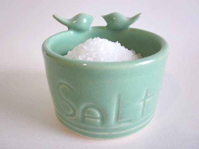 Salt pig mint green - Salt keeper - sculptured birds - Salt Cellar Kitchen Storage - Handmade Ceramic Pottery