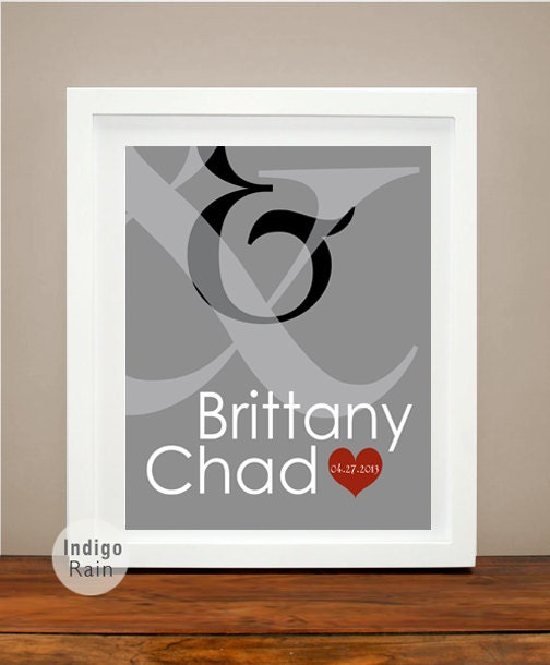Custom Love Print, red heart, Anniversary Present, Ampersand Wedding Gift, romantic, 8X10 Personalized Wedding, Gift For him