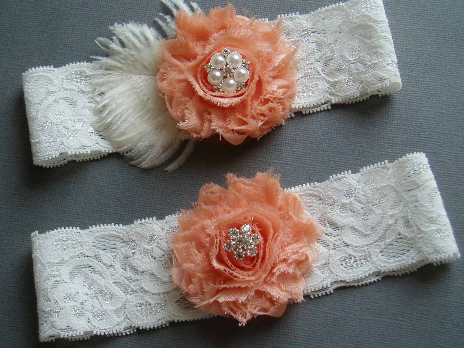 Coral Wedding Garter Modern Bridal Garter, Ivory Lace Bridal Garter wedding accessories garder
