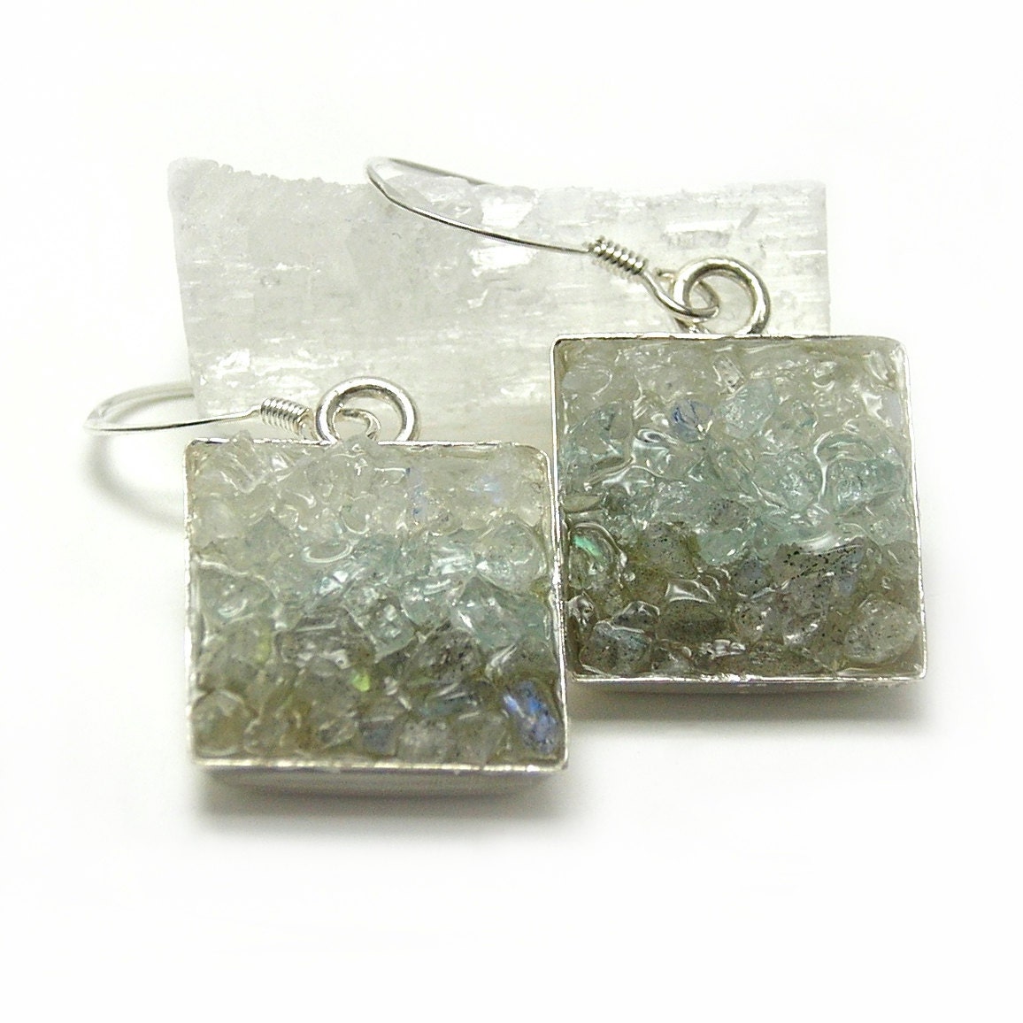 Gemstone Earrings - Mosaic Jewelry- Moonstone, Aquamarine and Labradorite
