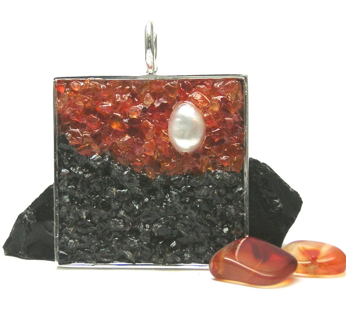 Gemstone and Pearl Pendant -  Mosaic Jewelry  - Carnelian and Labradorite