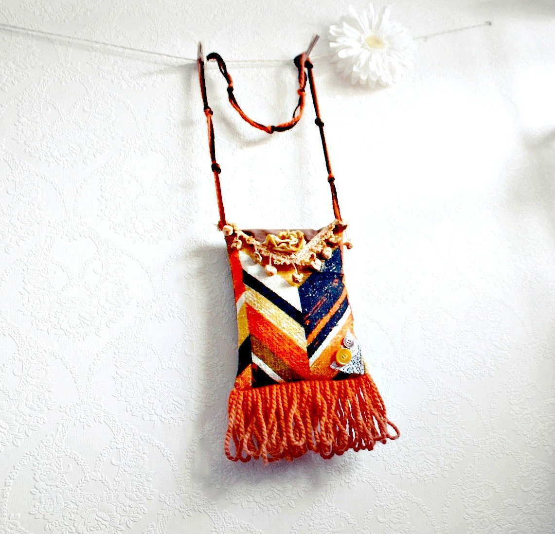 Chevron Print Hippie Bag Orange Retro Purse Brown Velvet Gypsy Handbag Bohemian Fringe Upcycled Cross Body 'MARLEY'
