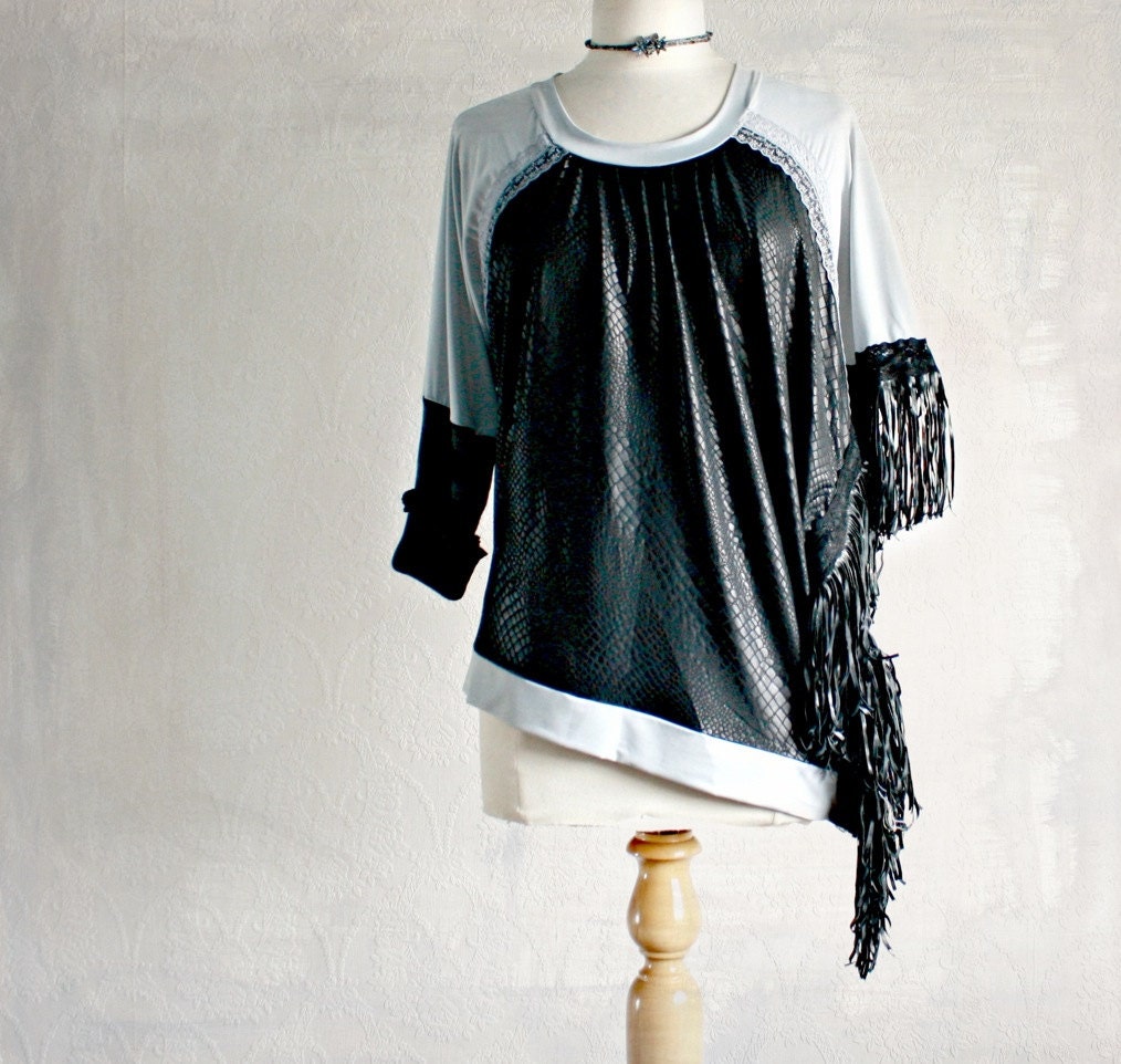 Rocker Chic Black Tunic Leather Fringe Upcycled Clothing Women's Gray Shirt Snakeskin Top Eco Fashion Recycled Clothes Large 'NOVELLA'