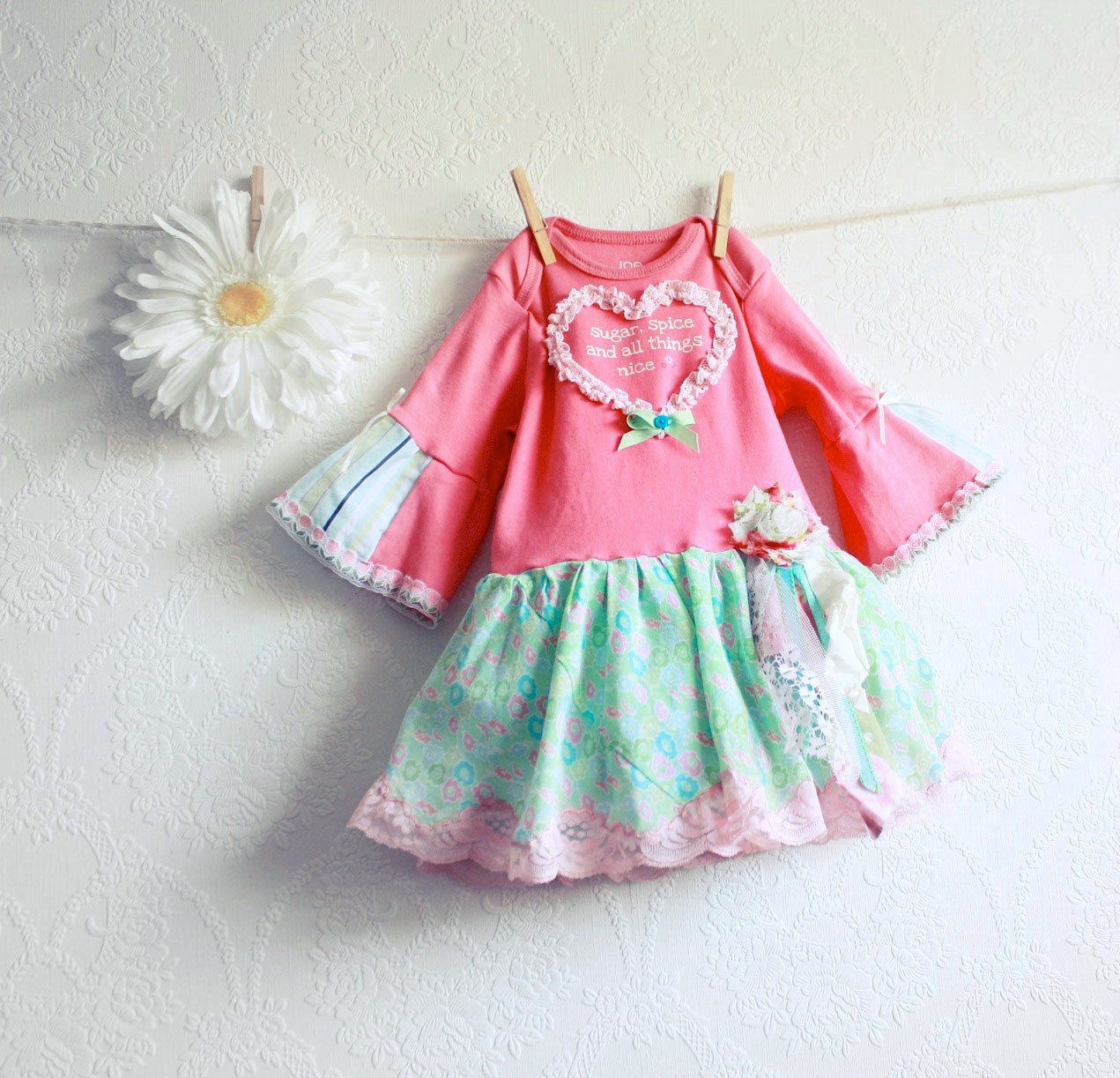 Shabby Chic Pink Baby Dress 18 to 24 Month Mint Green Children's Clothing Toddler Clothes Floral Print BIrthday Party Upcycled "SWEET TOOTH'