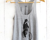 Commandeered By Wilderness - bear on a bike - womens tank top racerback Heather grey - by Bark Decor