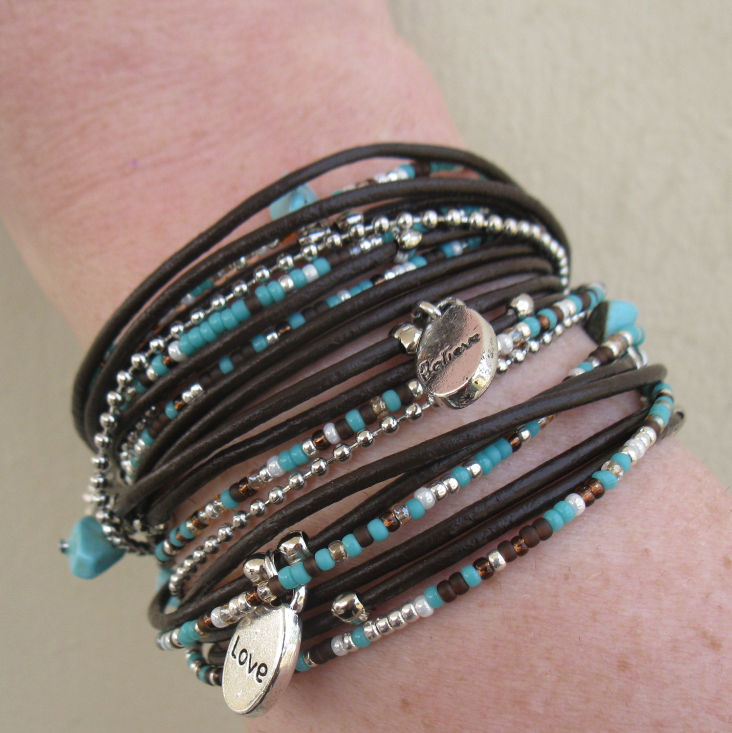 Triple Leather Wrap Bracelet with Silver Accents and Turquoise, Brown and Silver Glass Beads