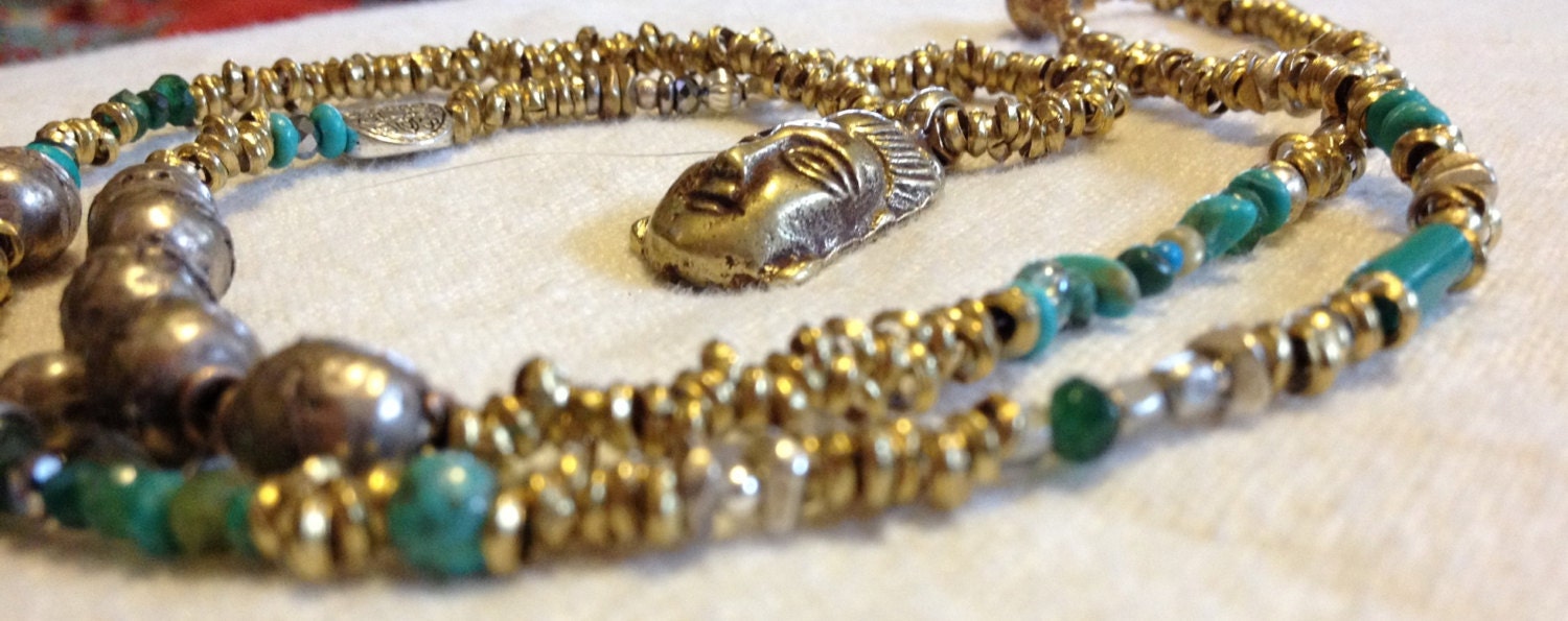 Gold Buddha pendant brass and turquoise necklace 