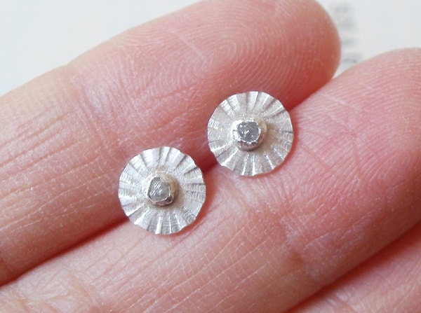 natural rough diamond daisy earring studs in sterling silver and fine silver, made in England