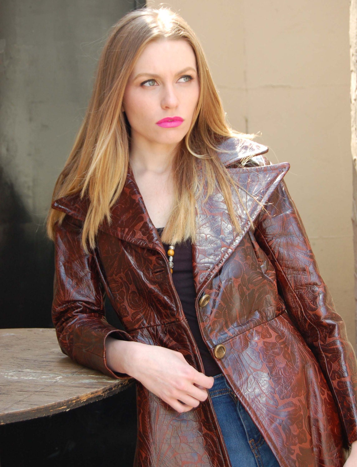 Vintage 70s TOOLED LEATHER Jacket Cocoa Floral Mexican Trench Coat