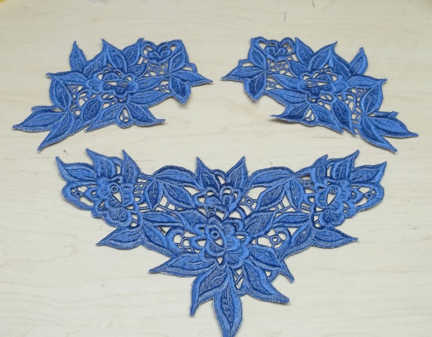 Vintage denim blue 3 floral embroidered pieces sewing crafting costume project