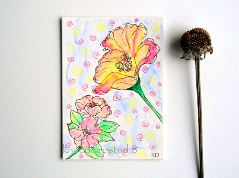 Spring Flowers ACEO original watercolor art card pink yellow blooms art for shelf decor with easel