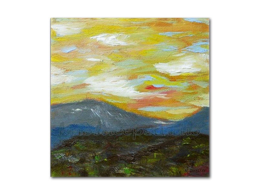 Mountain Landscape painting 5x5 original acrylic mini fine art home decor honey gold blue