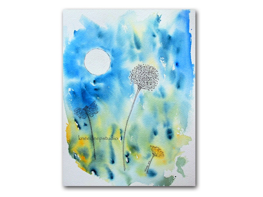 Garden abstract watercolor original 9x12 fine art botanical painting pen and ink flowers aqua blue wall decor