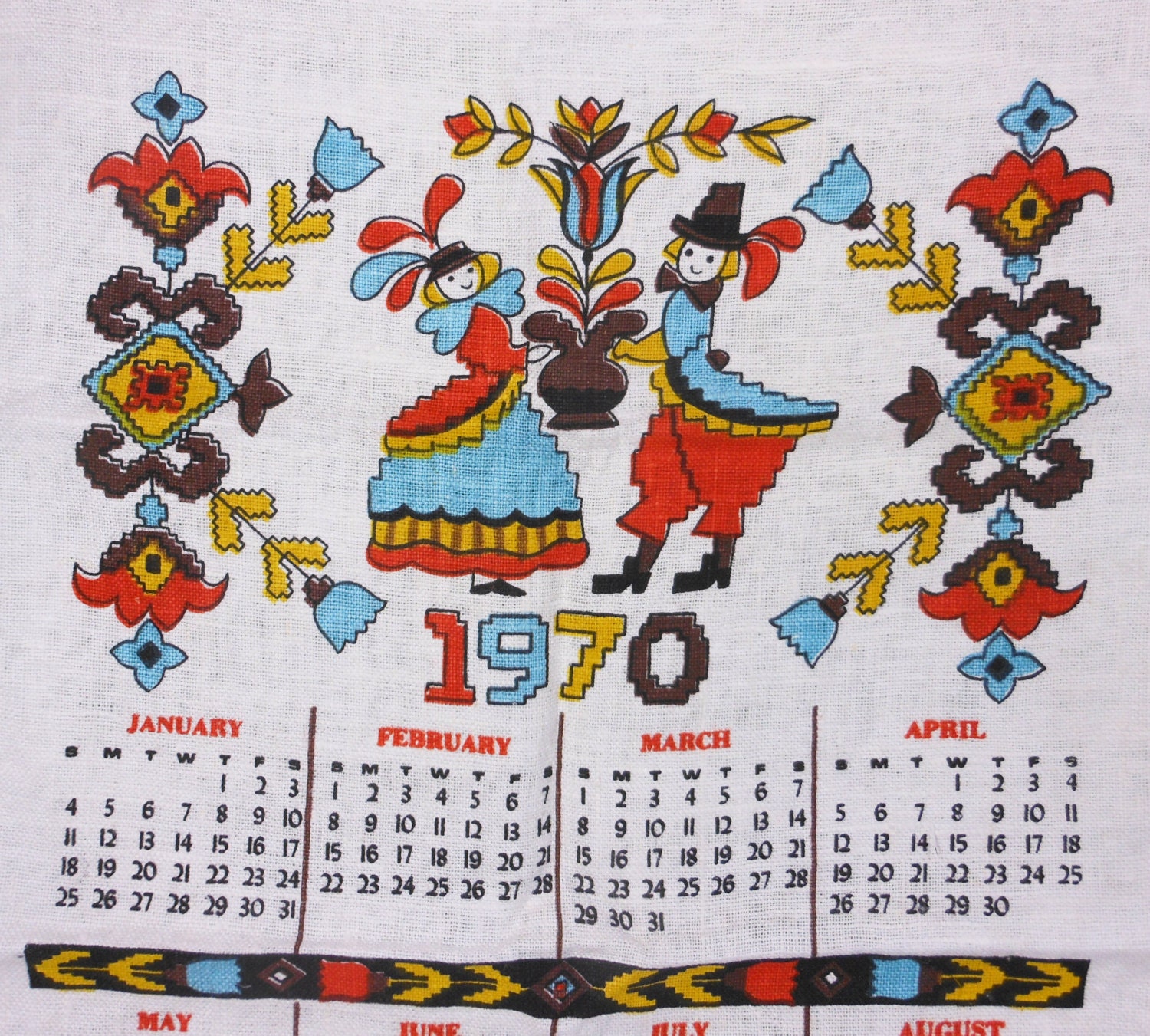 Vintage 1970 Cloth Calendar Retro Couple Kitchen Home Decor Linen Towel Repurpose Supply PeachyChicBoutique on Etsy