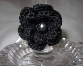 Crochet Flower Ring, Midnight Black Cotton & Pearls, Bridesmaid Gift, Women and Teens