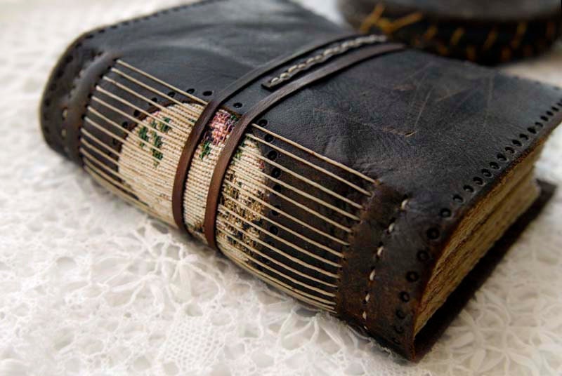 The Word Brocade - Rustic Brown Leather Journal, Handbound, Embossed, Tea Stained Pages, Brocade Fabric - OOAK