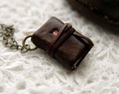 Prairie Wind - Miniature Wearable Book, Dark Brown Leather, Tea Stained Pages, Fabric Patch, OOAK