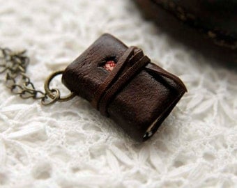 Prairie Wind - Miniature Wearable Book, Dark Brown Leather, Tea Stained Pages, Fabric Patch, OOAK