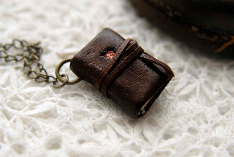 Prairie Wind - Miniature Wearable Book, Dark Brown Leather, Tea Stained Pages, Fabric Patch, OOAK