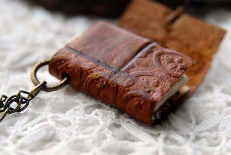 Striped Stories - Miniature Wearable Book, Vintage Tooled Leather, Tea Stained Pages, OOAK