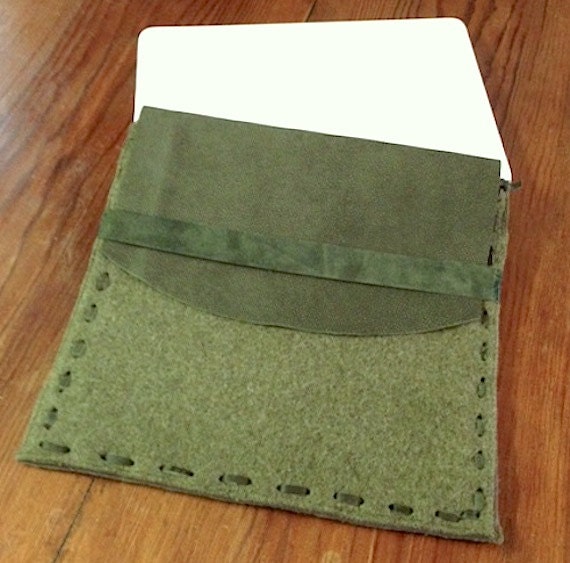 Green Wool Felt Laptop Case with Leather Flap, Custom Sized