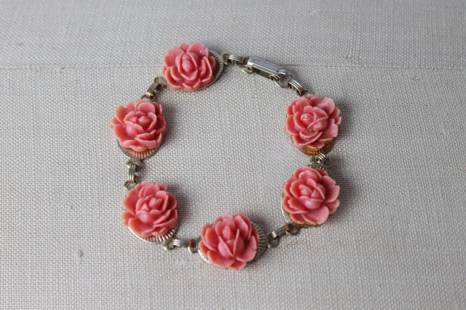 Celluloid Bracelet / Pink Rose Bracelet / 1960s Bracelet / China Cup