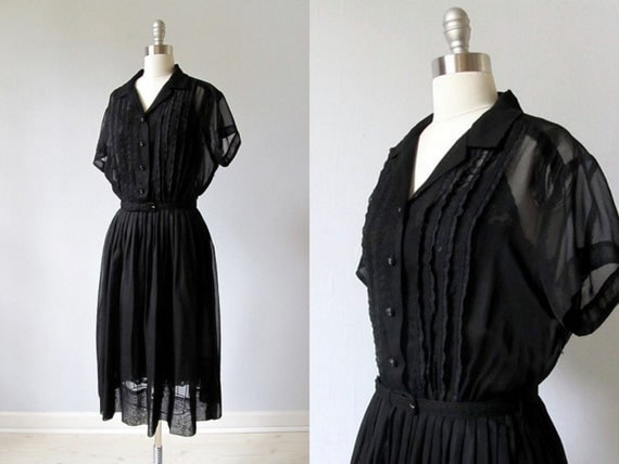 1950s Dress / 50s Dress / Black Shirtwaist Dress / Pintucked / Blackberry