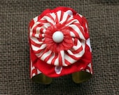 Red and White Flocked Vintage Wallpaper Cuff Bracelet with Fabric Yoyo Embellishment