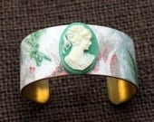 Vintage Floral Wallpaper Cuff Bracelet with Green Cameo Embellishment