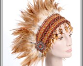 Coppery Glow... Feather Headband in Cream and Rich Brown with Lotus Pods
