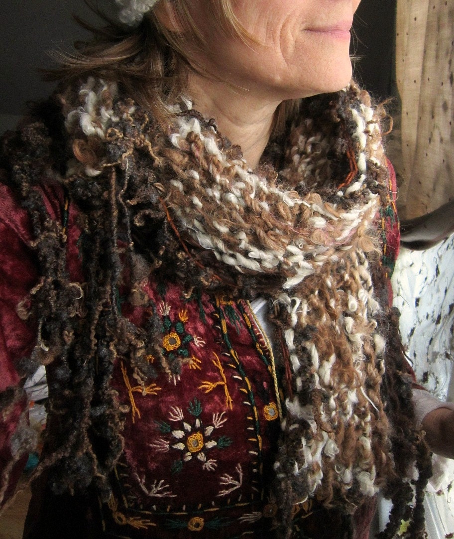 rustic soft handknit scarf of curls from the forest - warming her nomad soul