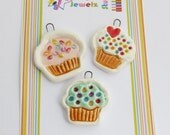 Handmade Ceramic Charms / pendants - Cupcakes -  Set of three - UK