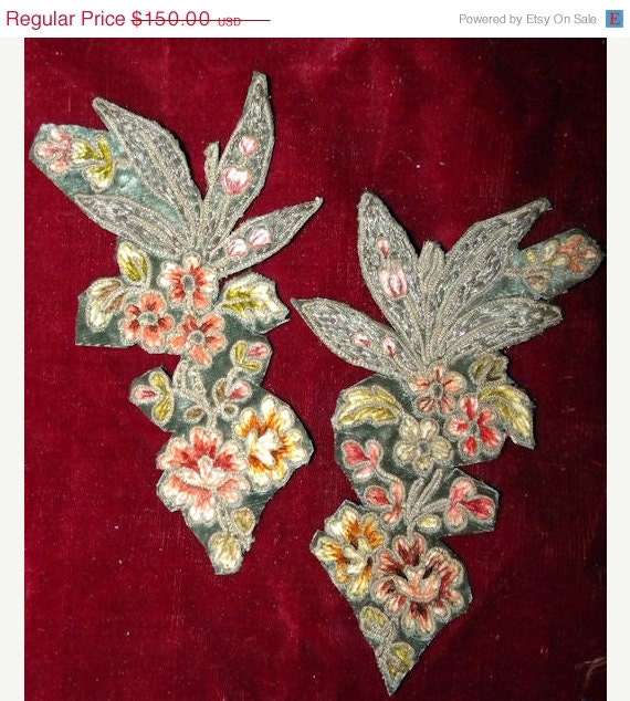 SURPRISE 30% Off Sale- Darling Pr Antique Silk Chenille Metallic Embroidered Pillow Shade Appliques Trim
