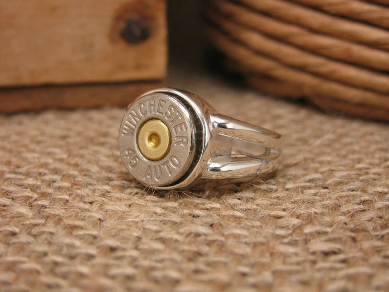 Bullet Casing Jewelry - Sterling Silver Split Shank Nickel Winchester 45 Auto Bullet Casing Ring