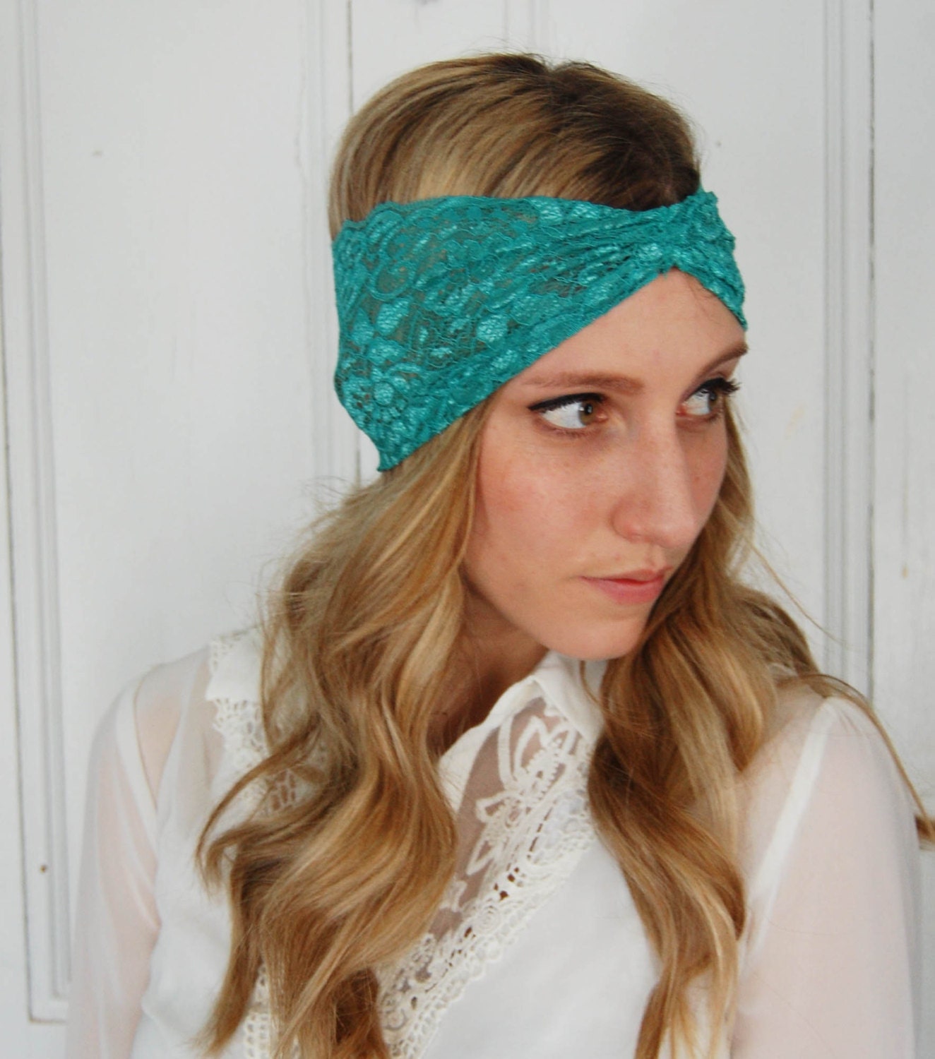 Teal Stretch Lace. Two-Way Headband. Tuban Style Headband