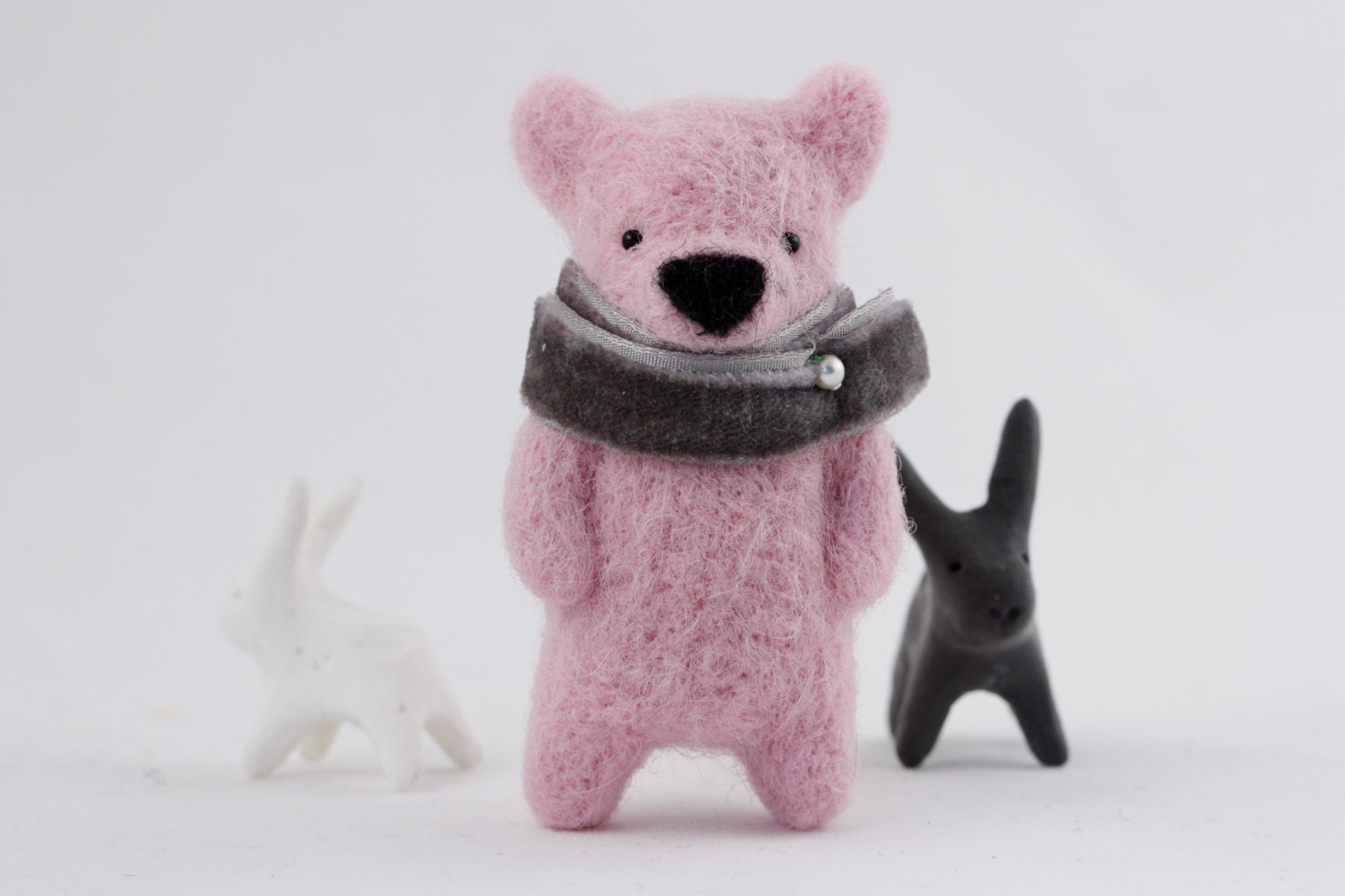 Felted bubblegum pink bear with scarf brooch