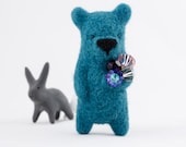 Felted  turquoise blue felted bear brooch