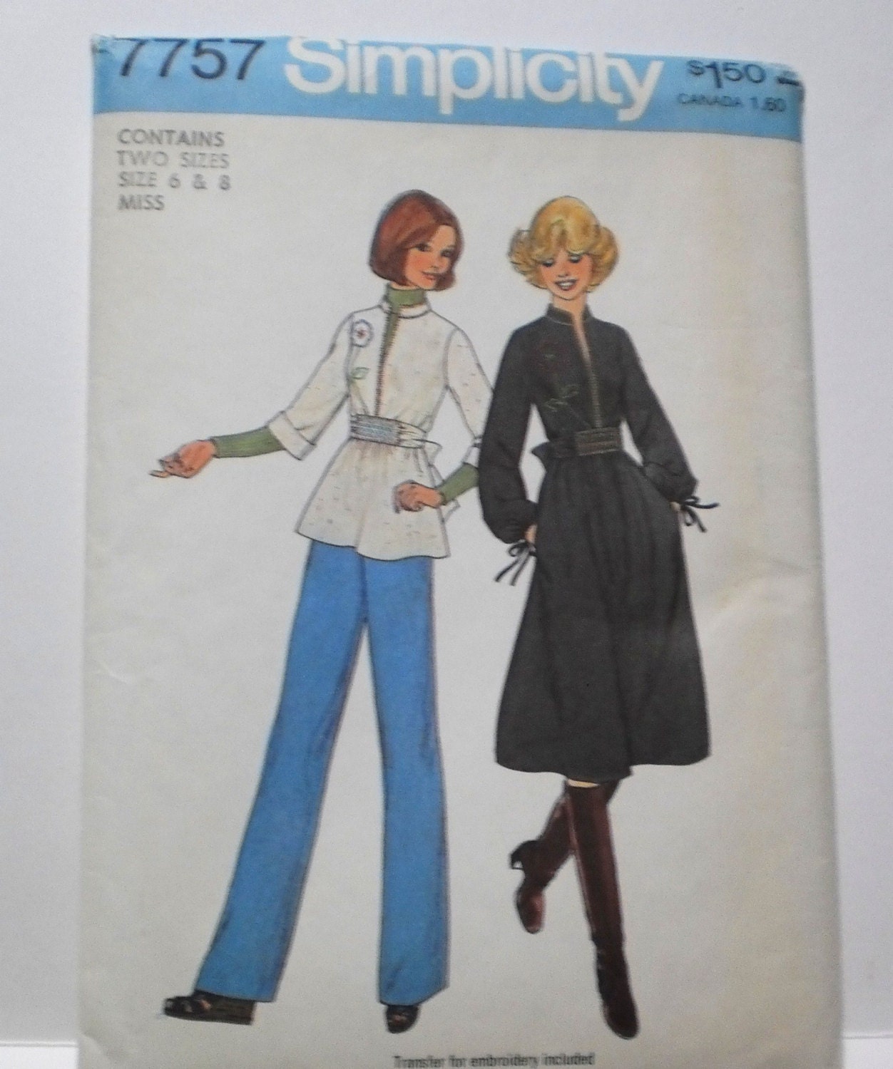 1976 Sewing Pattern Uncut Boho Folk Tunic Blouse Dress Embroidery Simplicity 7757 size 6-8 70s FF Factory Fold Vintage Hippie Collage Pack