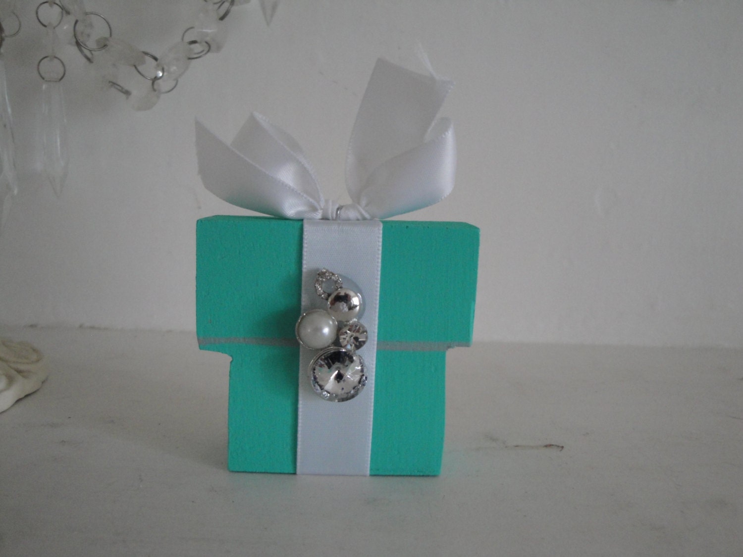 Shabby Chic Tiffany and Co. Gift Box Wood Decor Piece.....Rhinestones...Elegant...Bling