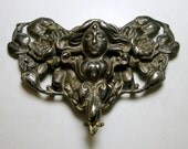 Antique Art Nouveau Goddess Belt Buckle, Victorian Silvered Metal, Alphonse Mucha Years, 1900s or Earlier